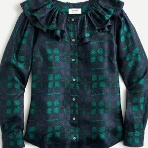 J. Crew Collection Silk Twill Ruffle Collar Button-Up Top Blue Green Plaid NWT M